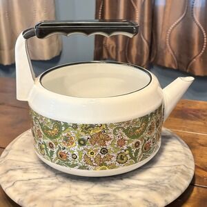 VTG 1970s MCM 70s Fancipans Avocado Green Paisley Porcelain Enamel Tea Kettle